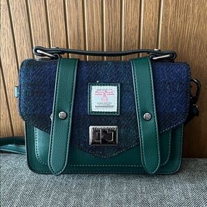Harris Tweed Green Wool-Trim Crossbody Bag with Turn-Lock Closure